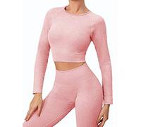 ZHENGHAO Buscando Set da donna per palestra 2 pezzi a maniche lunghe, top corto da allenamento, canottiera a costine, leggings senza cuciture a vita alta, abbigliamento sportivo per yoga (M, Rosa)