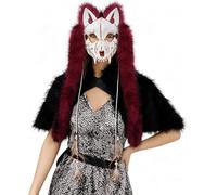 ZHER-LU Maschera vichinga con teschio di lupo in finta pelliccia, copricapo realistico per travestimento da lupo mannaro (rosso)