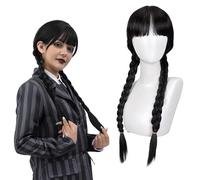 ZHER-LU Parrucca nera con due trecce nere intrecciate con frangia, parrucca lunga treccia parrucca parrucca cuffia Cosplay Halloween costume parrucche per donne (frangetta))