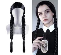 ZHER-LU Parrucca nera con due trecce nere intrecciate con frangia, parrucca lunga treccia, parrucca per cosplay, Halloween, costume da donna (riga centrale)