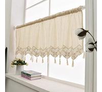 ZHH Tenda da cucina in lino, mantovana per finestra, in pizzo all'uncinetto, con nappa, in cotone naturale, stile rurale europeo, 30 x 150 cm