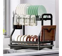 ZHHGOO Scolapiatti Nero Inox a 2 Livelli da Appoggio per Lavello con Vassoi Antigoccia, Scaffale per Tagliere, Portabicchieri e Portaposate