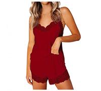 ZHINIAN Set pigiama da donna in raso sexy con bordo in pizzo canottiera e pantaloncini lingerie Pj Set corto indumenti da notte da donna, Rosso, S