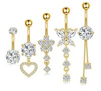 ZHITENG 5 Pezzi Piercing Ombelico Acciaio Chirurgico, Piercing Ombelico Pendente, Belly Button Ring Lunghezza Asta 10 mm, Lnclude Forme di Farfalla, Fiore e Cuore(Oro)