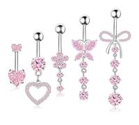 ZHITENG 5 Pezzi Piercing Ombelico Acciaio Chirurgico, Piercing Ombelico Pendente, Belly Button Ring Lunghezza Asta 10 mm, Lnclude Forme di Farfalla, Fiore e Cuore(Rosa)