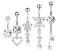 ZHITENG 5 Pezzi Piercing Ombelico Acciaio Chirurgico, Piercing Ombelico Pendente, Belly Button Ring Lunghezza Asta 10 mm, Lnclude Forme di Farfalla, Fiore e Cuore(Argento)