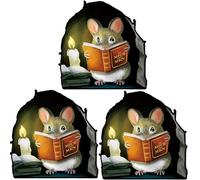 ZHjuju 3 Pezzi Adesivi Murali 3D Buco del Topo, Realistici Adesivi Murali con Topo Che Legge Un Libro, Decorazione Divertente per Camera da Letto, Soggiorno, Asilo e Aula,10.5X10.5cm