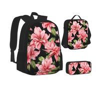 ZHONGSK Beauty Pink Floral Flowers - Borsa per la scuola + astuccio + borsa per il pranzo, set zaino 3 in 1, resistente all'acqua, per studenti, bambini, adolescenti, ragazze e ragazzi, Nero , Taglia