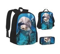 ZHONGSK Divertente set di zaino 3 in 1 con motivo delfino che guarda te - borsa per la scuola + astuccio + borsa per il pranzo, resistente all'acqua, per studenti, bambini, adolescenti, ragazze e