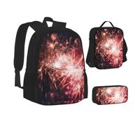 ZHONGSK Explosion Firework - Zaino 3 in 1 con borsa per la scuola, astuccio e borsa per il pranzo, resistente all'acqua, per studenti, bambini, adolescenti, ragazze e ragazzi, Nero , Taglia unica, Set