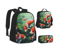 ZHONGSK Hd - Zaino 3 in 1 con motivo pesce carpa rossa giapponese, borsa per la scuola, astuccio + borsa per il pranzo, resistente all'acqua, per studenti, bambini, adolescenti, ragazze e ragazzi,
