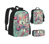 ZHONGSK I Love The 90s Illustration - Zaino 3 in 1 con borsa per la scuola, astuccio e borsa per il pranzo, resistente all'acqua, per studenti, bambini, adolescenti, ragazze e ragazzi, Nero , Taglia