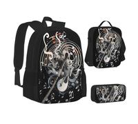 ZHONGSK Musica - Set zaino 3 in 1 + astuccio + borsa per il pranzo, resistente all'acqua, per studenti, bambini, adolescenti, ragazze e ragazzi, Nero , Taglia unica, Set di zaini per la scuola