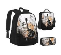 ZHONGSK Musica - Set zaino 3 in 1 + astuccio + borsa per il pranzo, resistente all'acqua, per studenti, bambini, adolescenti, ragazze e ragazzi, Nero , Taglia unica, Set di zaini per la scuola