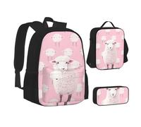 ZHONGSK Pecora bianca su sfondo rosa, borsa per la scuola + astuccio + borsa per il pranzo, set zaino 3 in 1, resistente all'acqua, per studenti, bambini, adolescenti, ragazze e ragazzi, Nero , Taglia