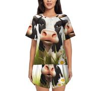 ZHONGSK Pigiama da donna a maniche corte con chitarra, comodo pigiama estivo a maniche corte e pantaloncini con tasche con coulisse per abbigliamento casual e casa, Simpatica mucca -, L