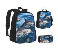 ZHONGSK Set 3 in 1 con zaino per la scuola, astuccio e borsa per il pranzo, con motivo delfini nel mare, resistente all'acqua, per studenti, bambini, adolescenti, ragazze e ragazzi, Nero , Taglia