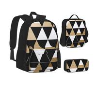 ZHONGSK Set di zaini 3 in 1 con triangoli alla moda e moderni: borsa per la scuola + astuccio + borsa per il pranzo, resistente all'acqua, per studenti, bambini, adolescenti, ragazze e ragazzi, Nero ,
