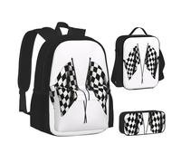 ZHONGSK Set di zaino 3 in 1 con bandiera a scacchi, borsa per la scuola, astuccio e borsa per il pranzo, resistente all'acqua, per studenti, bambini, adolescenti, ragazze e ragazzi, Nero , Taglia