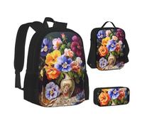 ZHONGSK Set di zaino 3 in 1 con motivo floreale e pittura a diamante, borsa per la scuola, astuccio + borsa per il pranzo, resistente all'acqua, per studenti, bambini, adolescenti, ragazze e ragazzi,