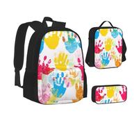 ZHONGSK Set zaino 3 in 1 con stampa a mano, borsa per la scuola, astuccio e borsa per il pranzo, resistente all'acqua, per studenti, bambini, adolescenti, ragazze e ragazzi, Nero , Taglia unica, Set