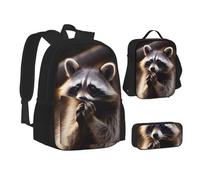 ZHONGSK Simpatico procione - Borsa per la scuola + astuccio + borsa per il pranzo, set 3 in 1, resistente all'acqua, per studenti, bambini, adolescenti, ragazze e ragazzi, Nero , Taglia unica, Set di