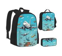 ZHONGSK Zaino 3 in 1 con motivo aeroplano dei cartoni animati, borsa per la scuola, astuccio e borsa per il pranzo, resistente all'acqua, per studenti, bambini, adolescenti, ragazze e ragazzi, Nero ,