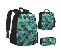 ZHONGSK Zaino 3 in 1 con stampa a squame di sirena, borsa per la scuola, astuccio e borsa per il pranzo, resistente all'acqua, per studenti, bambini, adolescenti, ragazze e ragazzi, Nero , Taglia