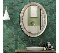 Zhoudong Anticato Specchio Decorativo da Parete 58x72cm, Classico Barocco Specchio Cosmetico con Cornice PU, Ovale, per Decorazioni Casa, Camera da Letto e Soggiorno(Silver)