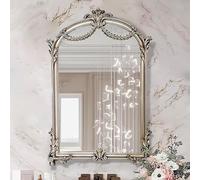 Zhoudong Specchio Barocco Arco Moda 60x90cm, Specchio da Parete Decorativi Anticato Cornice in PU, Stile Vintage Classico per Toletta Soggiorno Bagno(Silver)