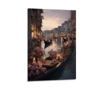 ZHOUKEG Decorazione artistica da parete con gondola a lume di candela Venezia, scena notturna da sogno, decorazione artistica da parete per soggiorno e camera da letto, poster decorativo moderno da