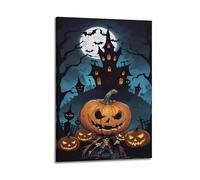 ZHOUKEG Decorazione artistica da parete con immagine di Halloween e cavaliere con zucca, casa stregata, scena al chiaro di luna, decorazione moderna da appendere, 50 x 75 cm