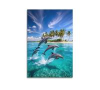 ZHOUKEG Decorazione artistica da parete con scena dell'isola con delfini che saltano fuori dall'acqua, poster decorativo moderno da appendere, 40 x 60 cm