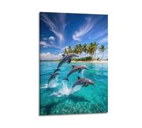 ZHOUKEG Decorazione artistica da parete con scena dell'isola con delfini che saltano fuori dall'acqua, poster decorativo moderno da appendere, 50 x 75 cm