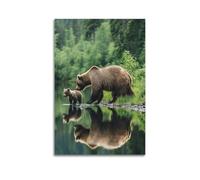 ZHOUKEG Poster artistico da appendere alla parete con orso bruno e un bambino, scena calda, 50 x 75 cm