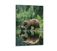 ZHOUKEG Poster artistico da appendere alla parete con orso bruno e un bambino, scena calda, 50 x 75 cm