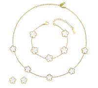 ZhouWei 4 Pezzi Parure Gioielli Quadrifoglio, Regolabile set Gioielli Trifoglio Cinque Foglie Placcato Collana Orecchini Bracciale Portafortuna Donna Bracciale Quadrifoglio, Regalo per Donne (Bianco)