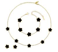 ZhouWei 4 Pezzi Parure Gioielli Quadrifoglio, Regolabile set Gioielli Trifoglio Cinque Foglie Placcato Collana Orecchini Bracciale Portafortuna Donna Bracciale Quadrifoglio, Regalo per Donne (Nero)
