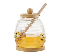 ZhouWei 500 ml Porta Miele in Vetro, Trasparente Contenitore Miele con Cucchiaio e Coperchio in Legno Barattolo Mieli Honey Jar Sigillato a Bocca Larga, per Conservazione di Mieli Sciroppo