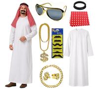 ZhouWei Costume da Sceicco Per Uomo, Costume da Sceicco Arabo Con Tunica Bianca, Foulard, Collane, 2 Anelli, 1 Bracciale, Occhiali da Sole, 6 Pezzi di Barba e Fascia, per Feste e Cosplay