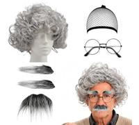 ZhouWei Set Costume Da Nonno In 5 Pezzi, Set Costume Da Pensionato Con Parrucca Grigia Barba Sopracciglia Occhiali E Retina Per Capelli Parrucche Da Nonno Anziano, Per Cosplay, Halloween, Carnevale