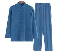 ZHOUXIAO Abito di Arti Marziali Cinesi Abbigliamento Kung Fu - Vestiti Cinesi Tradizionali Abiti per Piumini a Maniche Lunghe Pantaloni per Uomini, Lino di Cotone Tai Chi VES blue1-XL