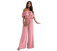 ZHOUXYFDC Jumpsuit Donna Tuta da donna, casual, autunnale, con colletto a vista, a maniche corte, tinta unita, con controllo della vita, snellente e ampia(Pink,L)