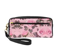 ZhRiYan Pretty Pink Roses Print Piccola borsa per il trucco in pelle - Beauty case da viaggio per donne, astuccio cosmetico riutilizzabile con cerniera, nero, taglia unica, nero, taglia unica, Nero