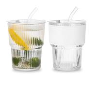 Zhufas 2 Pezzi Bicchiere con Cannuccia e Coperchio, Bicchieri a Righe da 450 ml con Manicotti Tazze, Design a Tenuta Stagna, Bicchieri Frullato in Vetro Trasparente Cocktail Bicchieri da Caffè Freddo