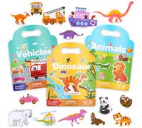 Zhufas 3 Pezzi Riutilizzabile Libro Adesivi Bambini, età 3-6 Anni, Ragazzi,Bambina, Stickers Bambini Attacca Stacca, con Panorama Pieghevole Libro, Veicoli, Animali, Dinosauri, Giocattoli Educativi