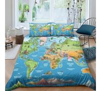 ZHUICHENG Mappa del mondo Microfibra Copripiumino Lenzuola Letto Motivo Per Bambini Adulto Set Biancheria,Matrimoniale Con 3 Pezzi Geografia Copripiumino,Anti-acaro Facile Da Curare doppio（200x200cm）