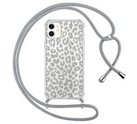 ZhuoFan Custodia con Cordino per iPhone 11 6,1", Trasparente Aesthetic Modello Leopardo Disegni Cover con Collana Grigio Antiurto Case Regolabile Cellulare Girocollo per Femmina, 04