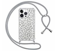 ZhuoFan Custodia con Cordino per iPhone 13 Pro 6,1", Trasparente Aesthetic Modello Leopardo Disegni Cover con Collana Grigio Antiurto Case Regolabile Cellulare Girocollo per Femmina, 04