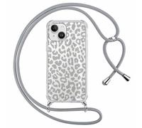 ZhuoFan Custodia con Cordino per iPhone 15 6,1", Trasparente Aesthetic Modello Leopardo Disegni Cover con Collana Grigio Antiurto Case Regolabile Cellulare Girocollo per Femmina, 04